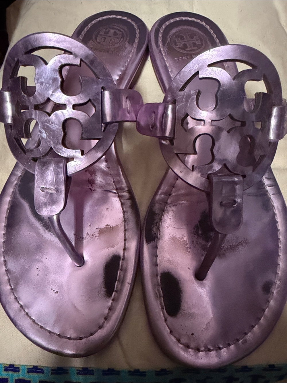 Tory Burch Metallic Lavender Miller Logo Thong Sandals
